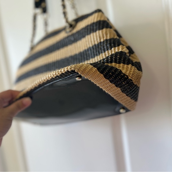 Kate Spade Black and Tan Wicker Straw Rattan Striped Tote - Picture 6 of 9